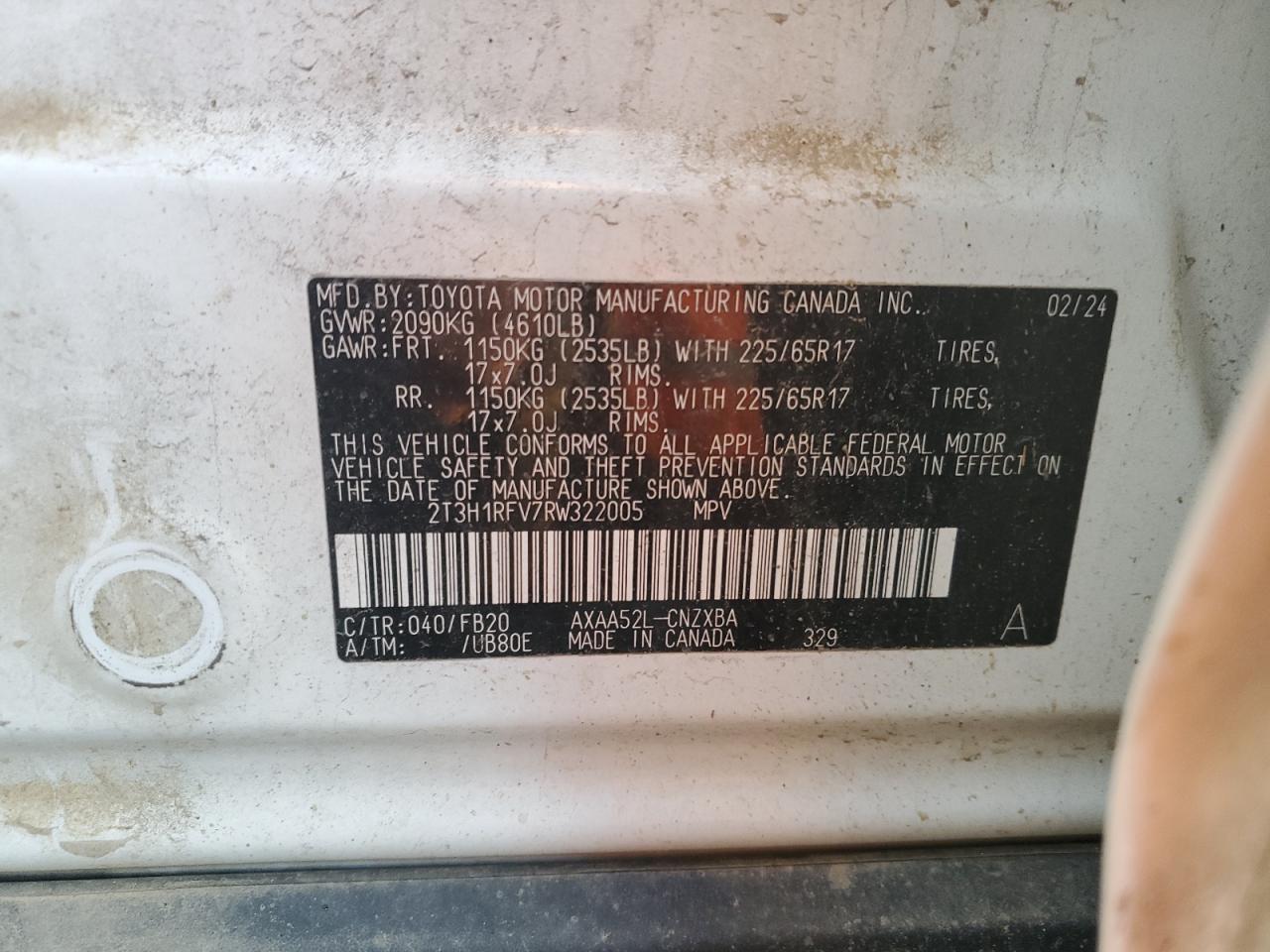 2024 Toyota Rav4 Le VIN: 2T3H1RFV7RW322005 Lot: 46630425