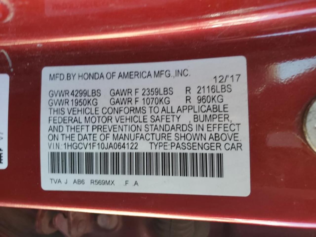 1HGCV1F10JA064122 HONDA ACCORD 2018