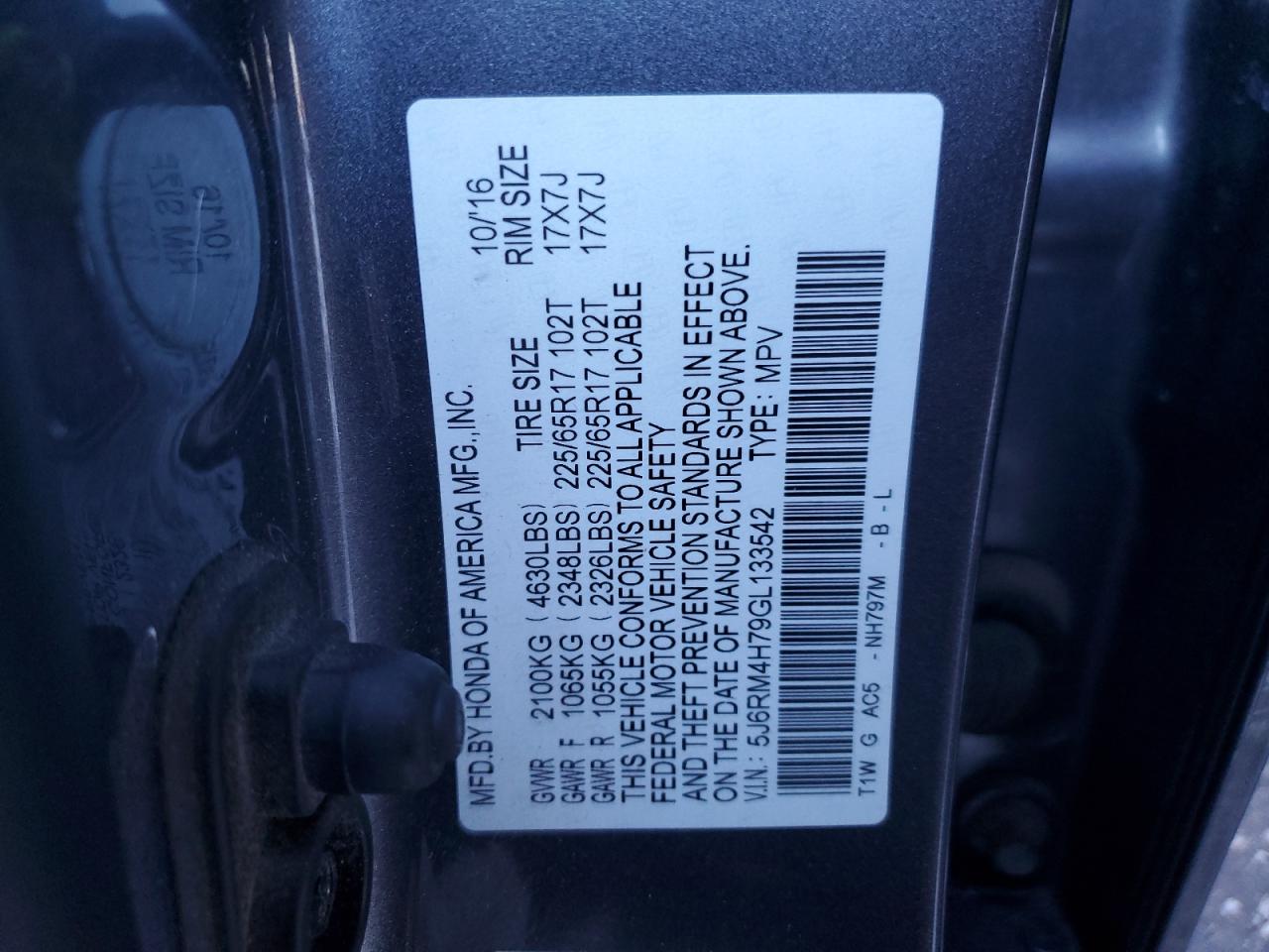 5J6RM4H79GL133542 HONDA CRV 2016