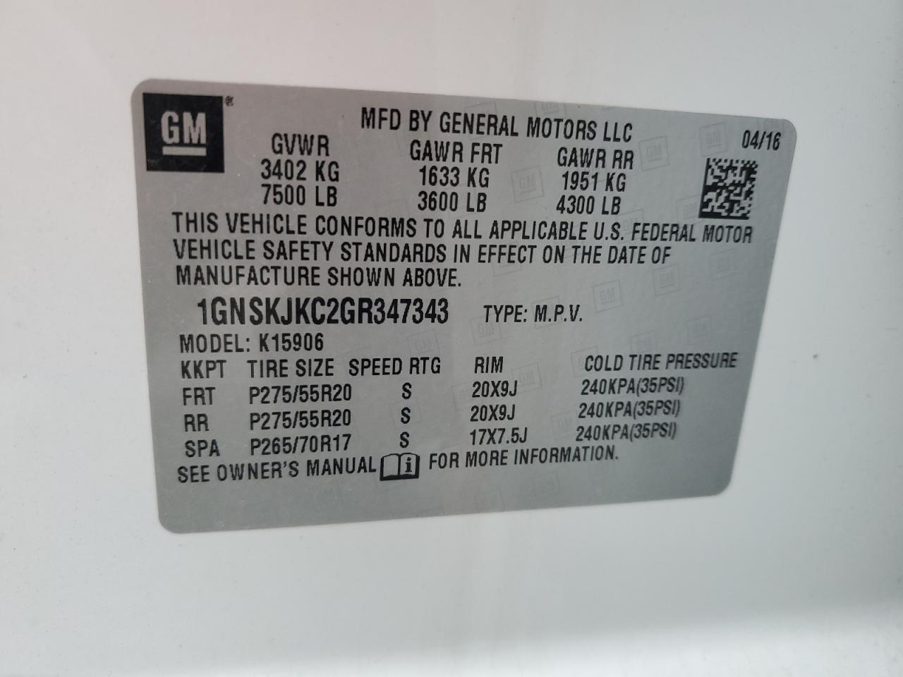 1GNSKJKC2GR347343 CHEVROLET SUBURBAN 2016