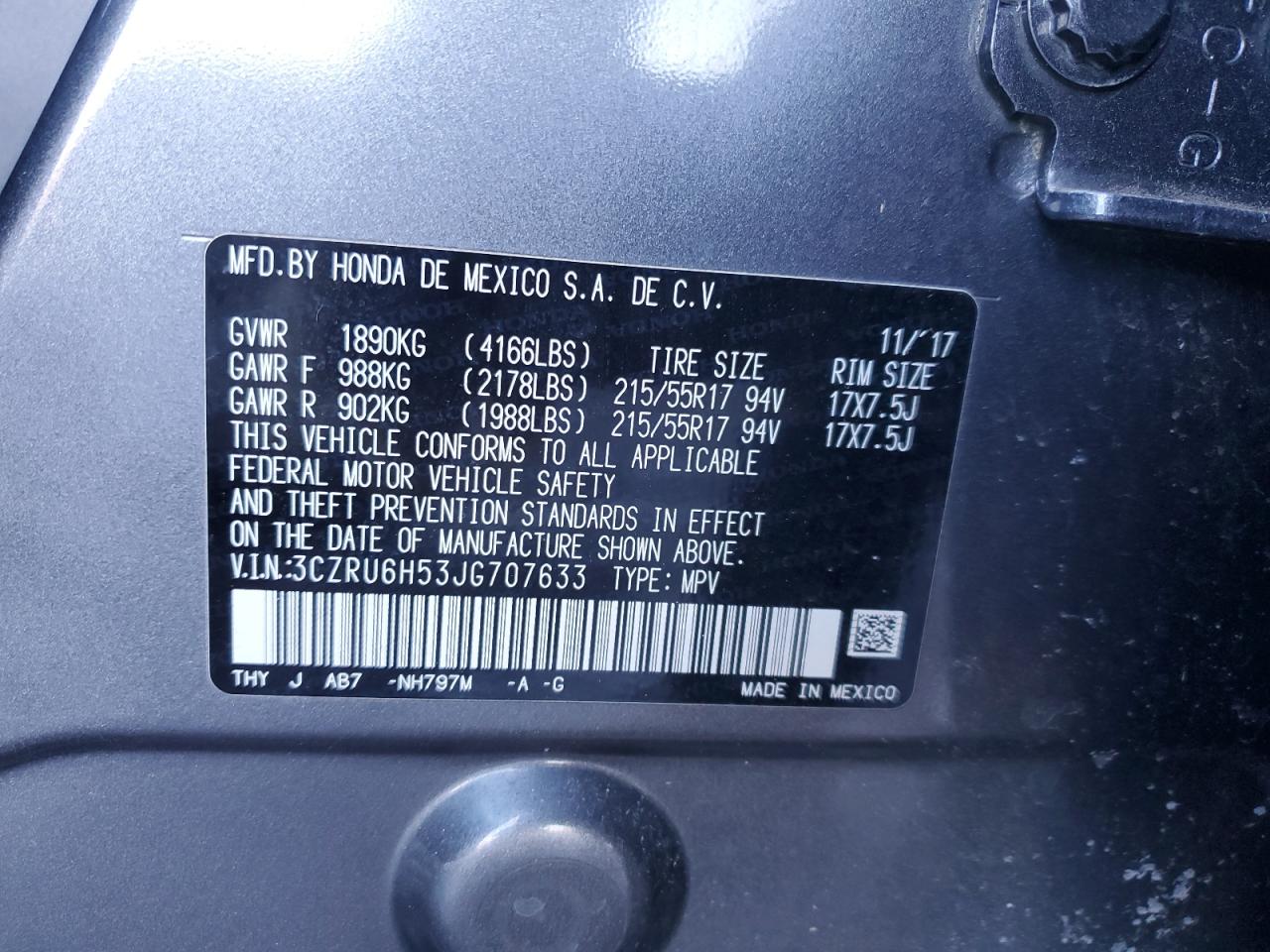 3CZRU6H53JG707633 HONDA HR-V 2018