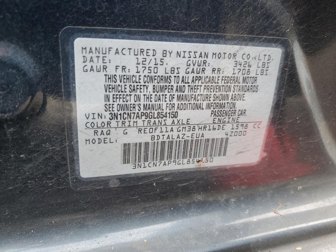 3N1CN7AP9GL854150 NISSAN VERSA 2016