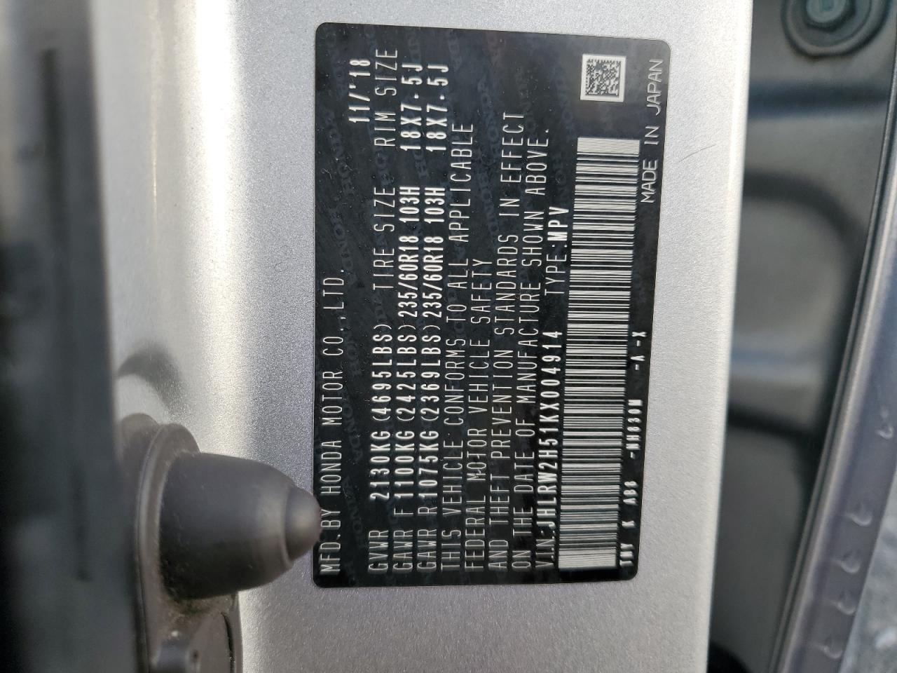 JHLRW2H51KX004914 HONDA CRV 2019