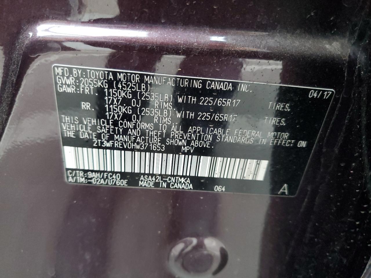 2T3WFREV0HW371653 TOYOTA RAV4 2017