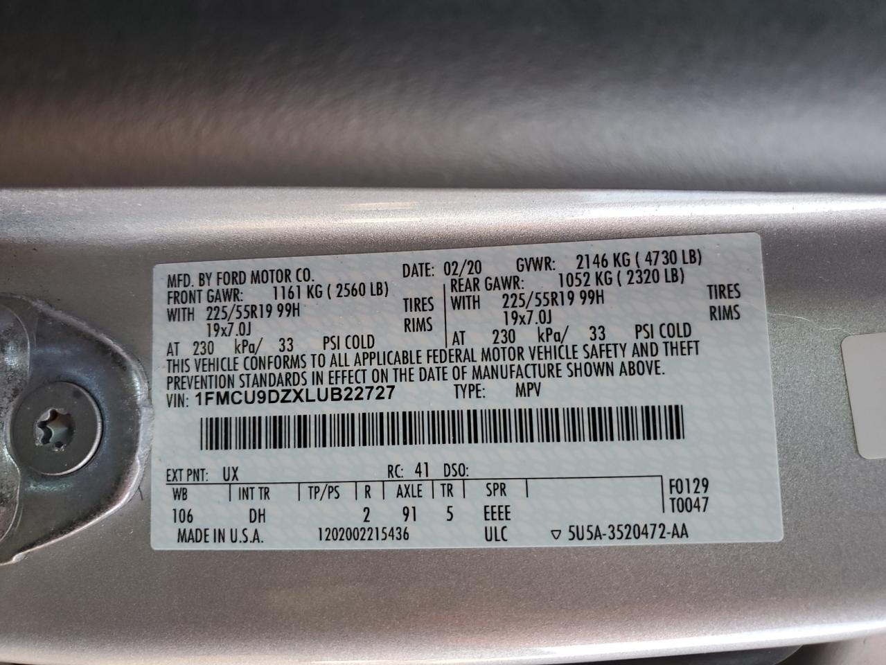 1FMCU9DZXLUB22727 FORD ESCAPE 2020