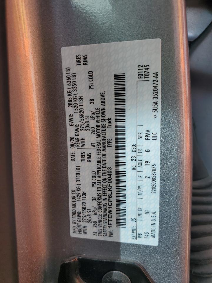 2020 Ford F150 Supercrew VIN: 1FTEW1CP6LKF00403 Lot: 44325235