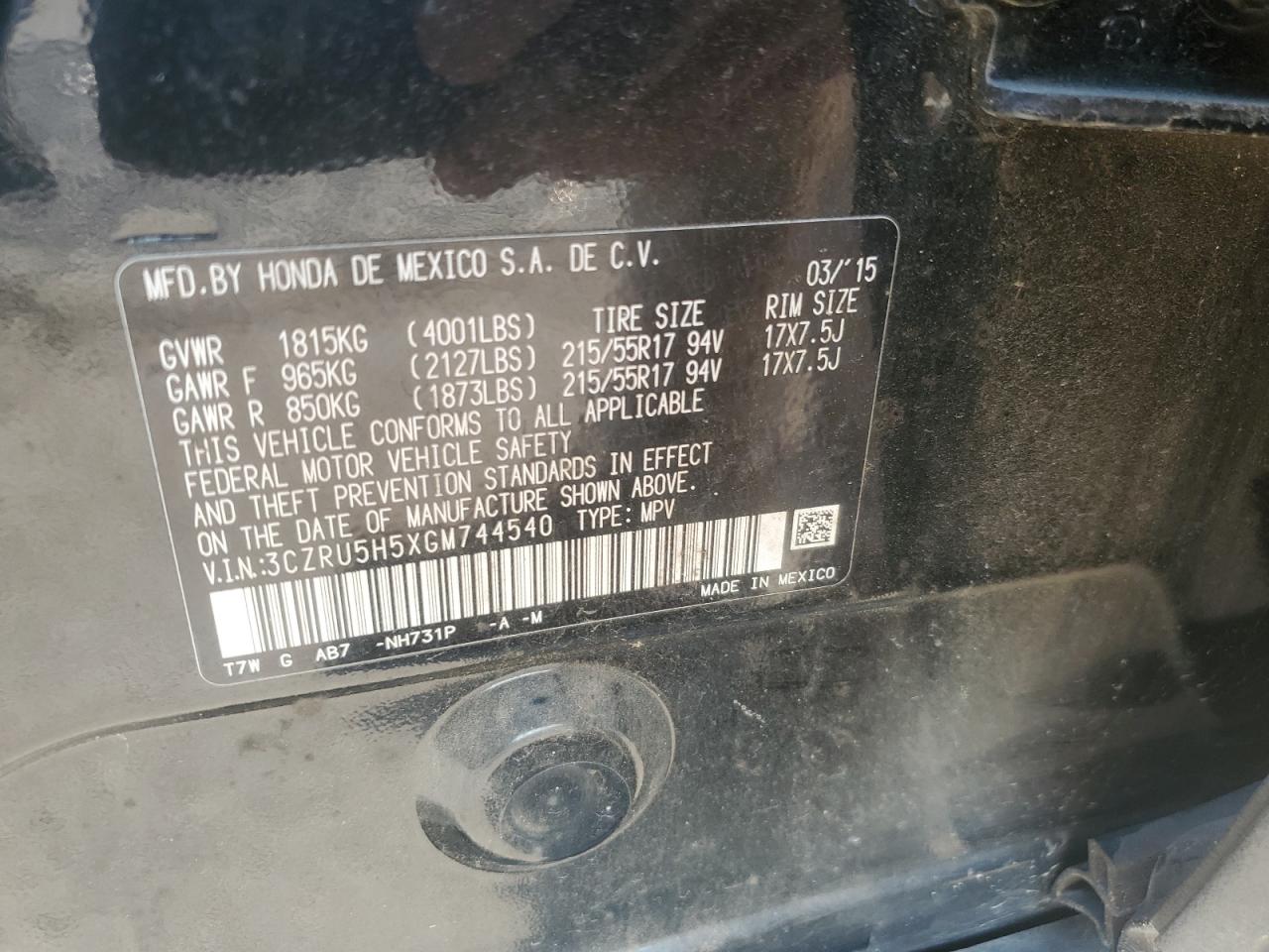 3CZRU5H5XGM744540 HONDA HR-V 2016