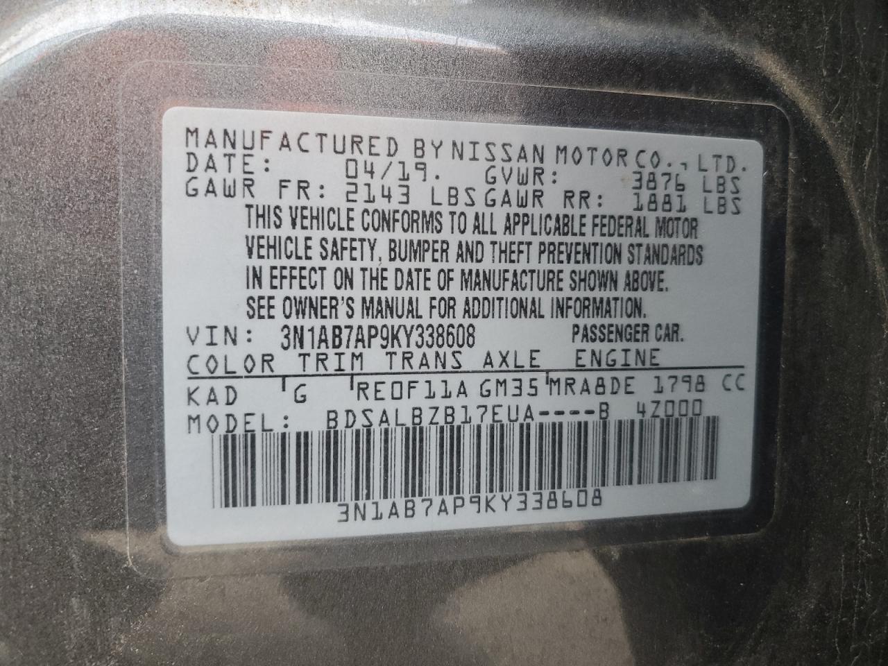 3N1AB7AP9KY338608 NISSAN SENTRA 2019