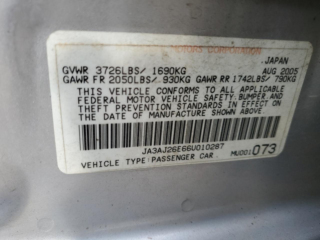 2006 Mitsubishi Lancer Es VIN: JA3AJ26E66U010287 Lot: 43977785