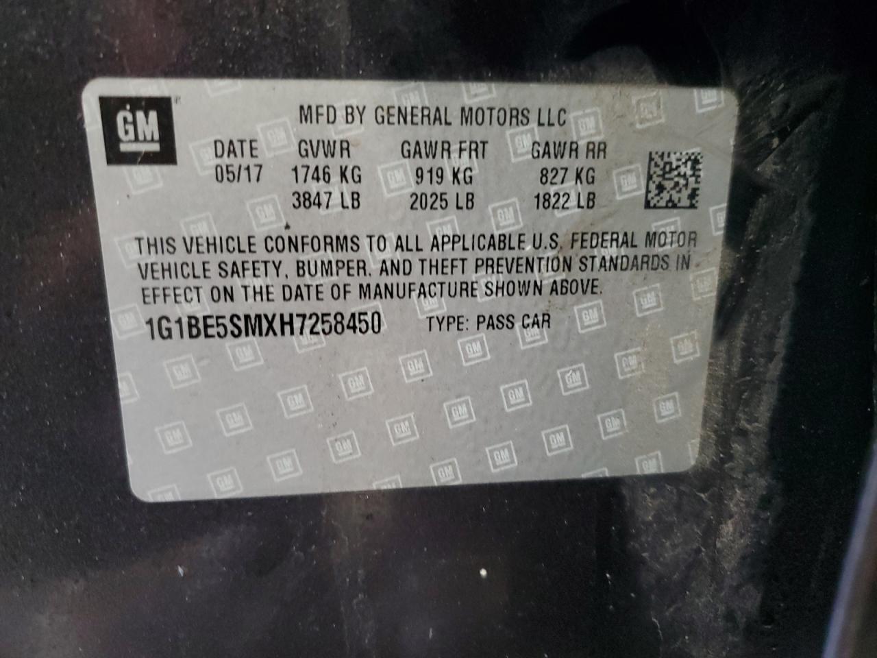 1G1BE5SMXH7258450 CHEVROLET CRUZE 2017