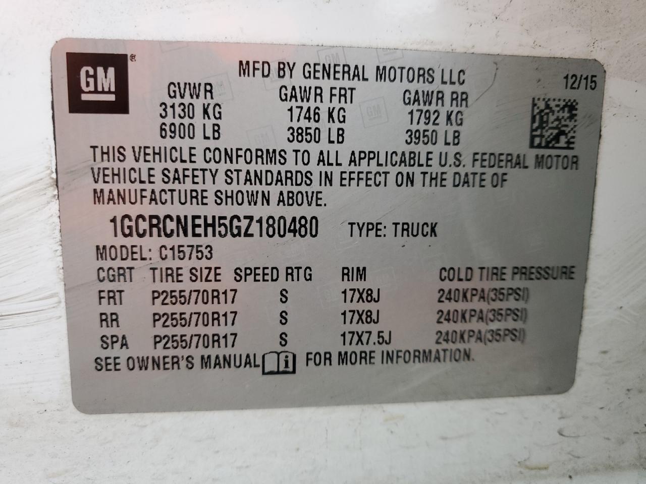 1GCRCNEH5GZ180480 CHEVROLET ALL Models 2016