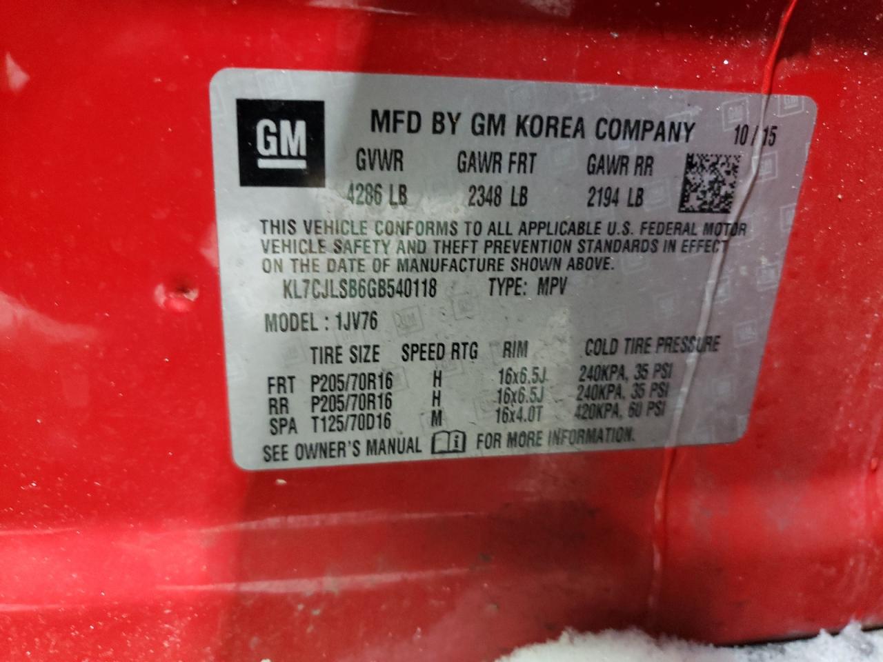 KL7CJLSB6GB540118 CHEVROLET TRAX 2016