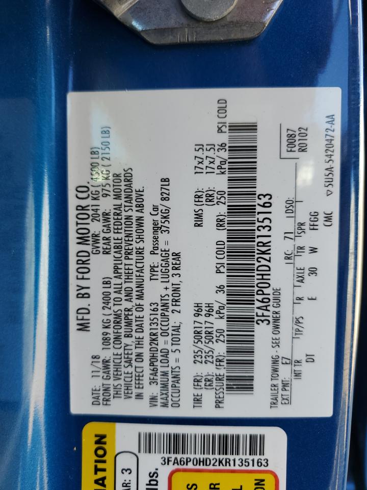 3FA6P0HD2KR135163 FORD FUSION 2019
