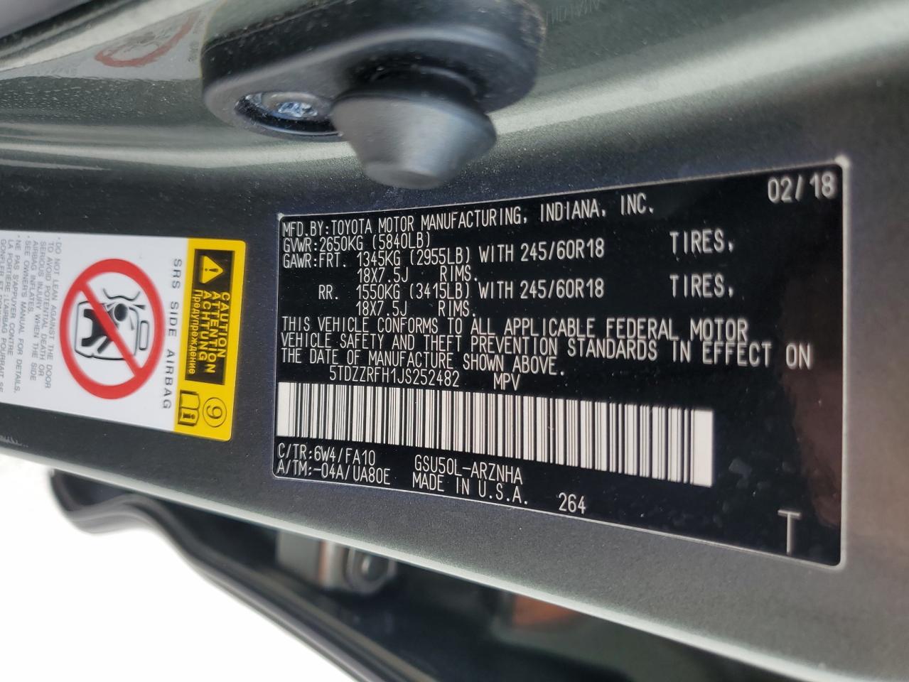 2018 Toyota Highlander Le VIN: 5TDZZRFH1JS252482 Lot: 45046465