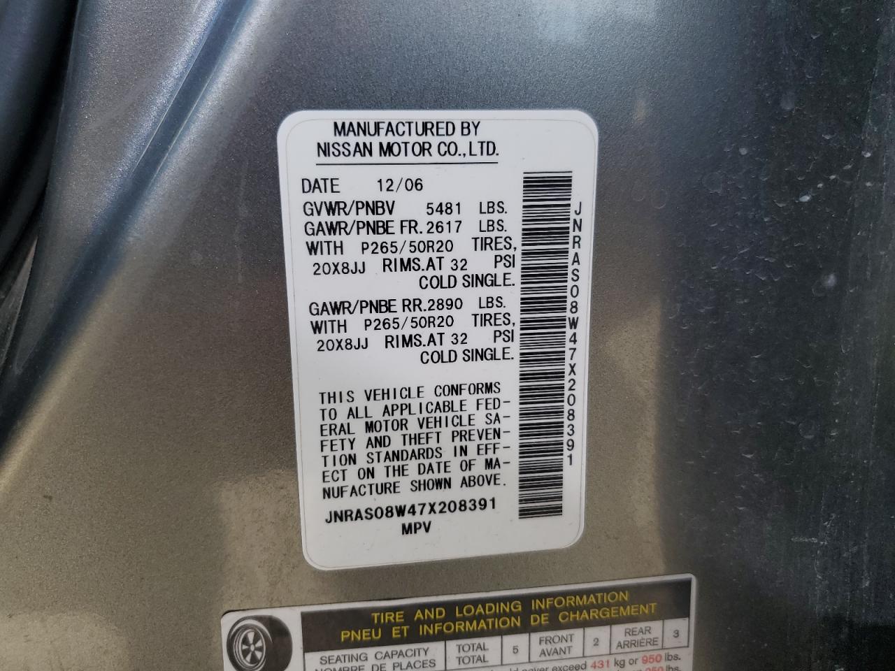 2007 Infiniti Fx35 VIN: JNRAS08W47X208391 Lot: 46931085