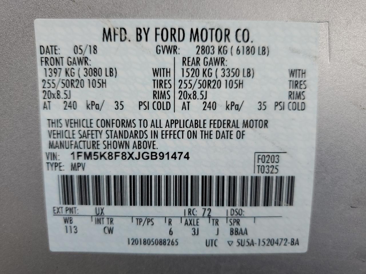 1FM5K8F8XJGB91474 FORD EXPLORER 2018