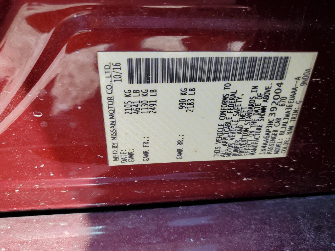 1N4AA6AP3HC392004 NISSAN MAXIMA 2017