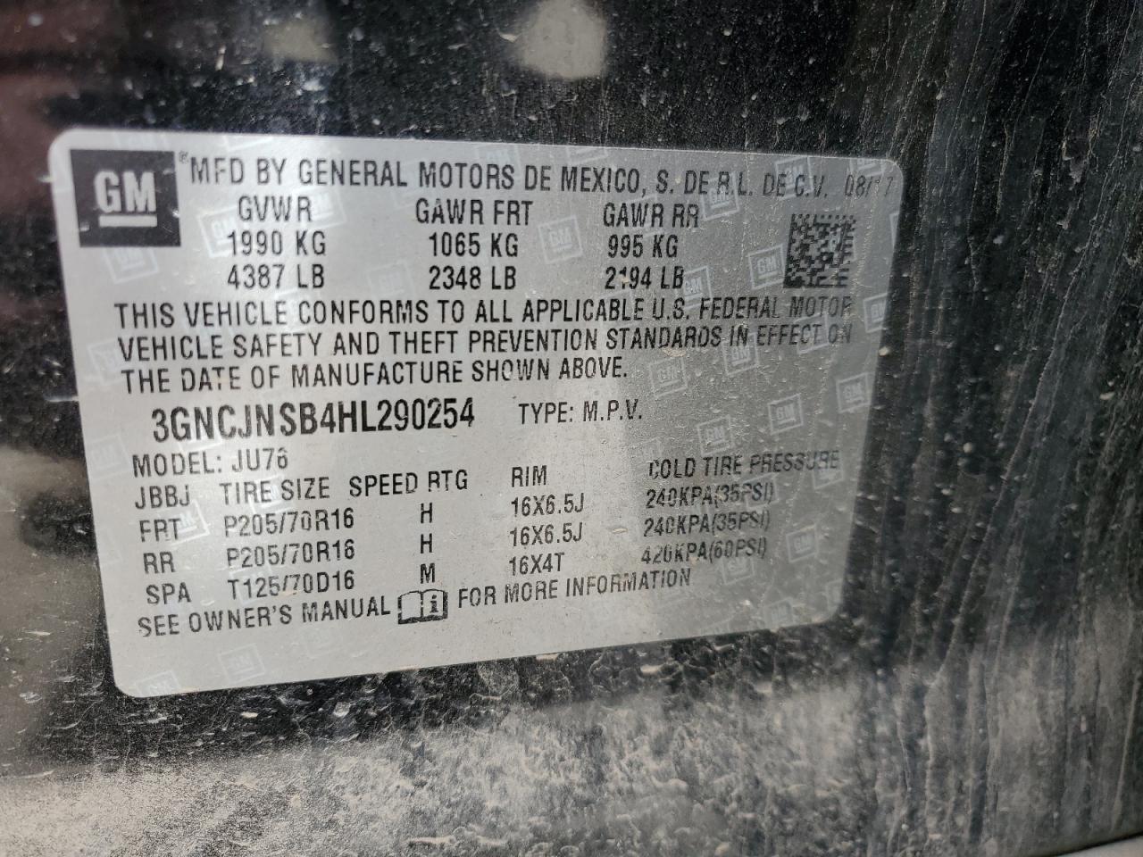 3GNCJNSB4HL290254 CHEVROLET TRAX 2017