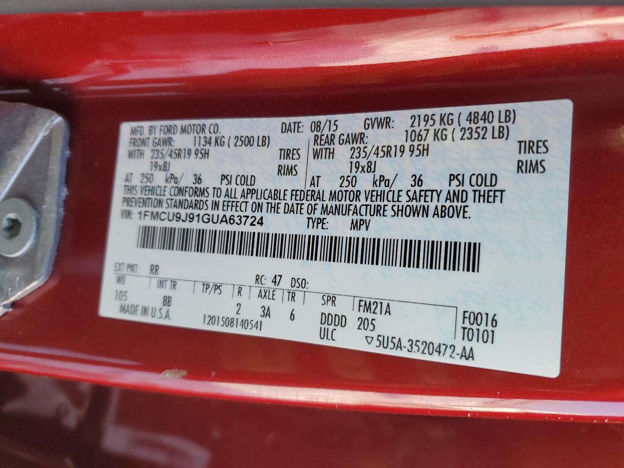 1FMCU9J91GUA63724 FORD ESCAPE 2016