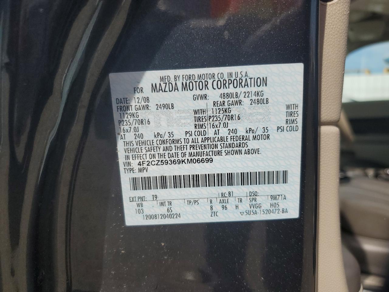 2009 Mazda Tribute Hybrid VIN: 4F2CZ59369KM06699 Lot: 44941475