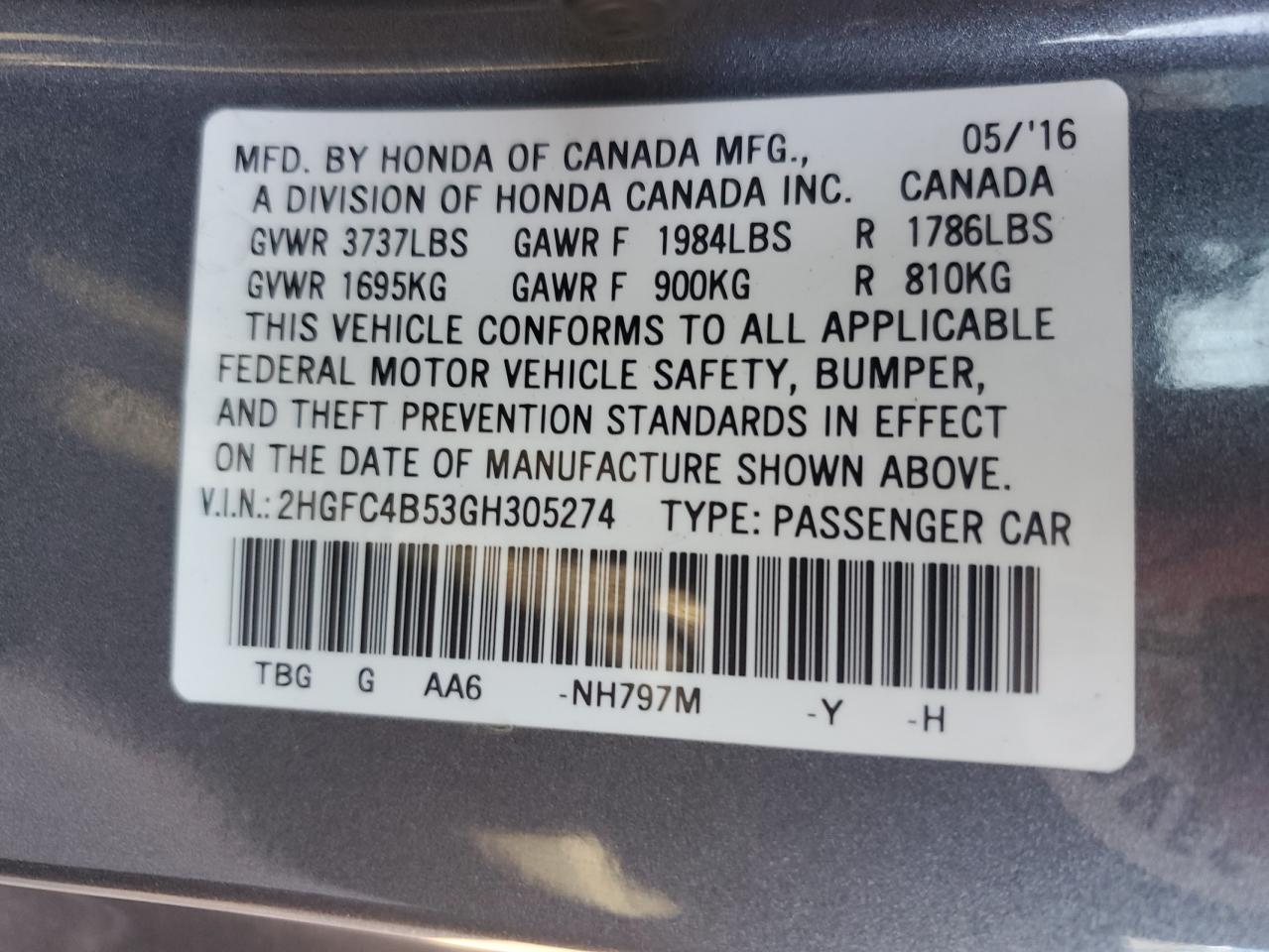 2HGFC4B53GH305274 HONDA CIVIC 2016