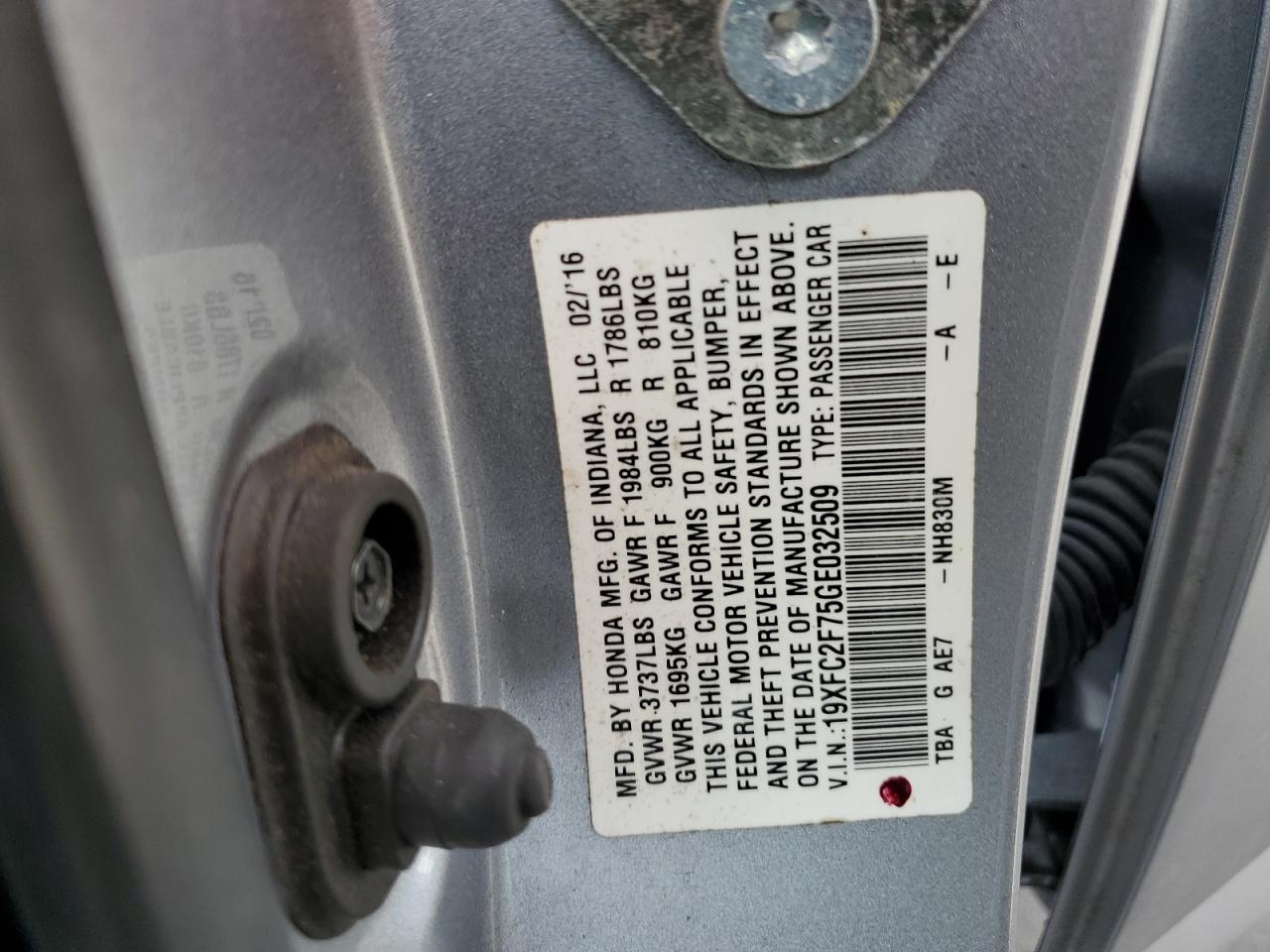 19XFC2F75GE032509 HONDA CIVIC 2016