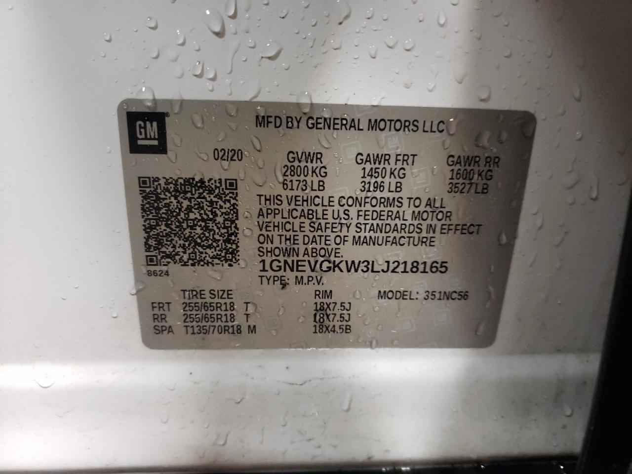 1GNEVGKW3LJ218165 CHEVROLET TRAVERSE 2020