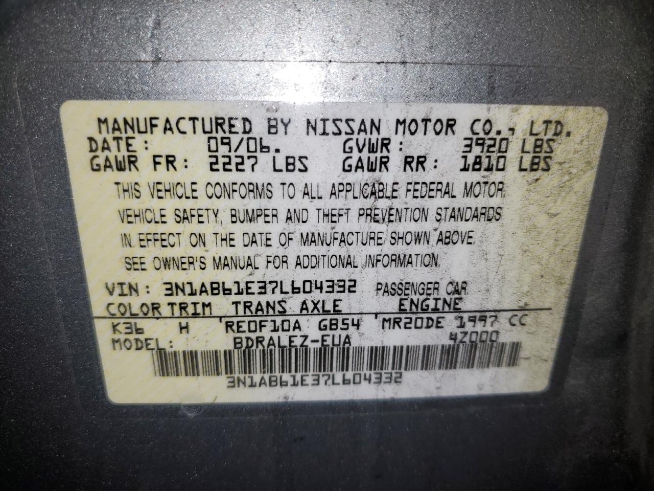 2007 Nissan Sentra 2.0 VIN: 3N1AB61E37L604332 Lot: 44555085