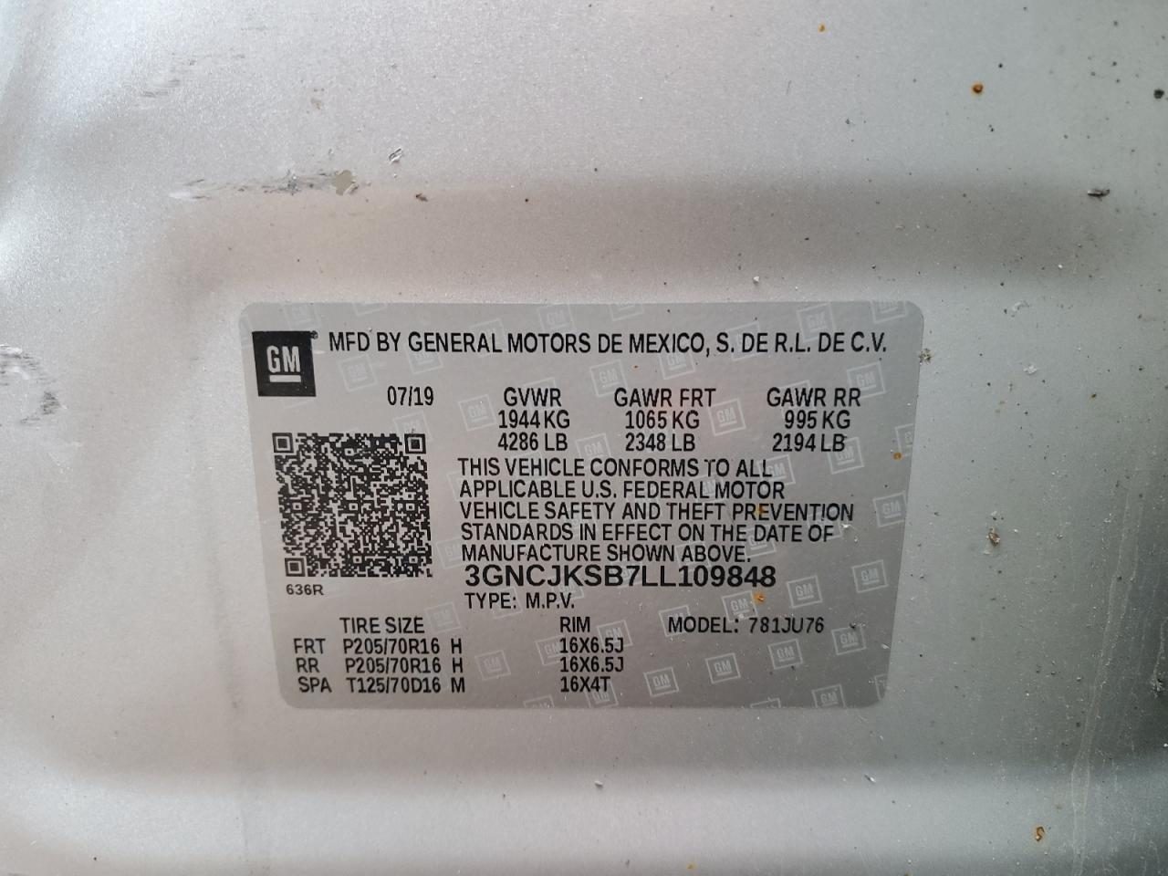 3GNCJKSB7LL109848 CHEVROLET TRAX 2020