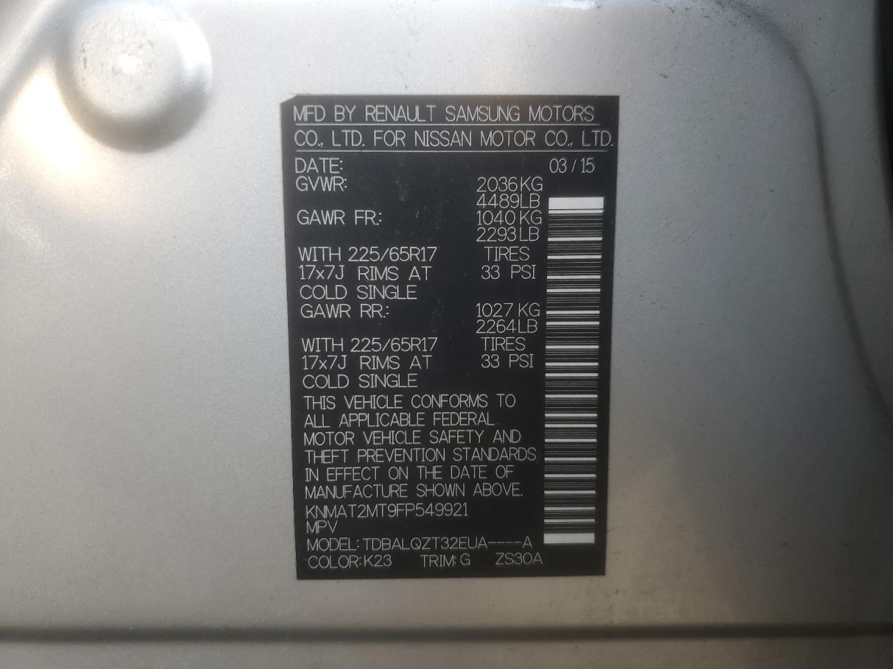 2015 Nissan Rogue S VIN: KNMAT2MT9FP549921 Lot: 43519075