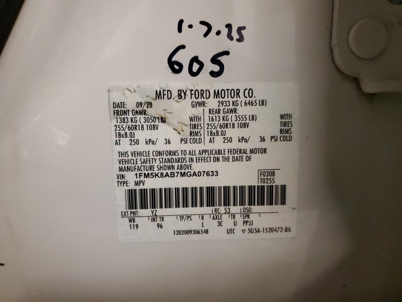 1FM5K8AB7MGA07633 FORD EXPLORER 2021