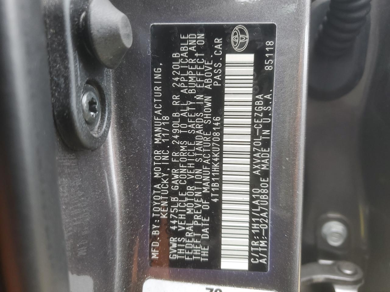 4T1B11HK4KU708146 TOYOTA CAMRY 2019