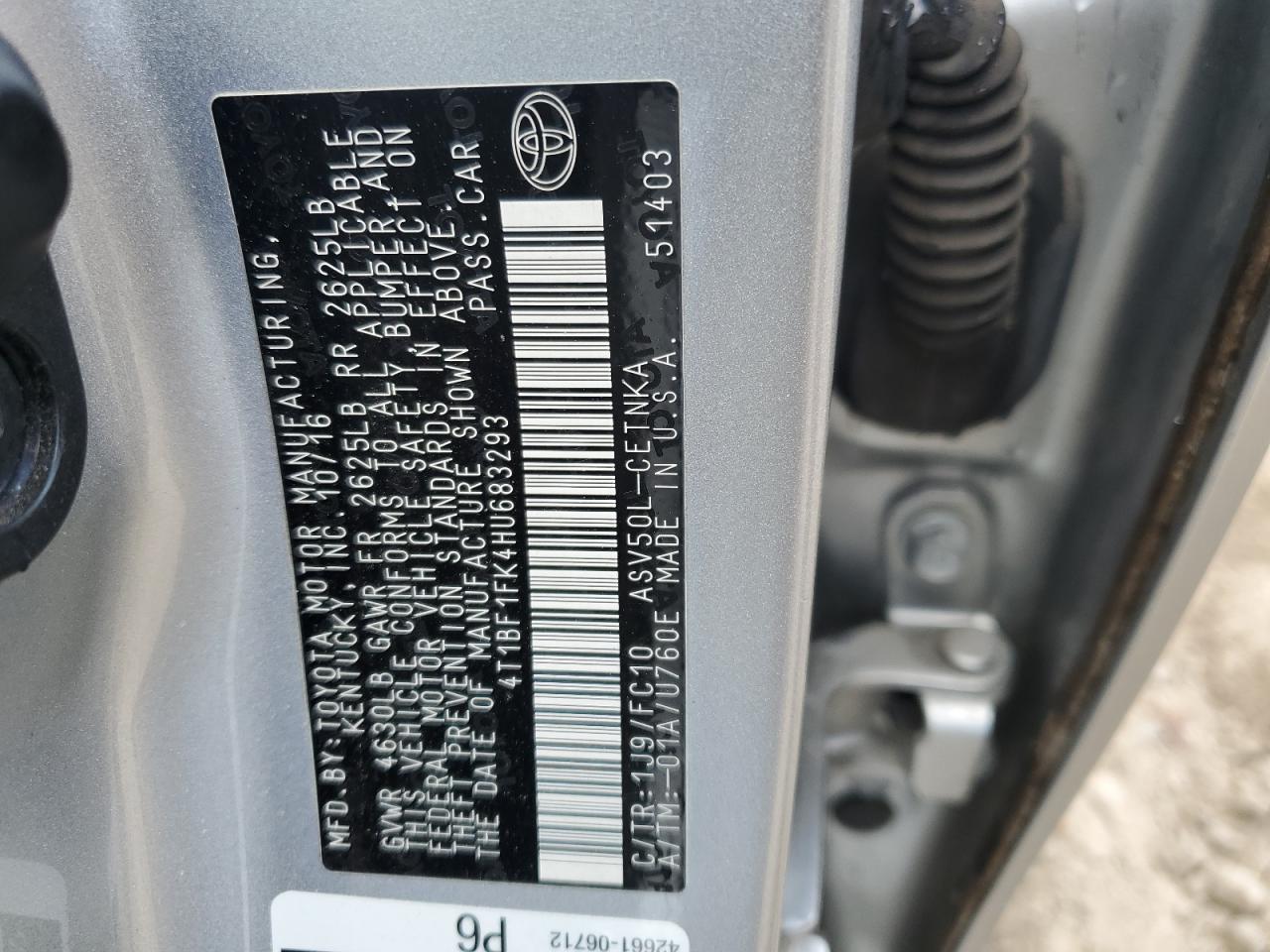 4T1BF1FK4HU683293 TOYOTA CAMRY 2017