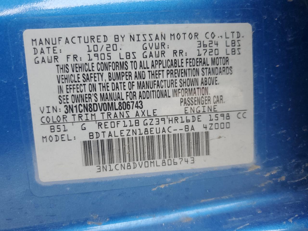 3N1CN8DV0ML806743 NISSAN VERSA 2021