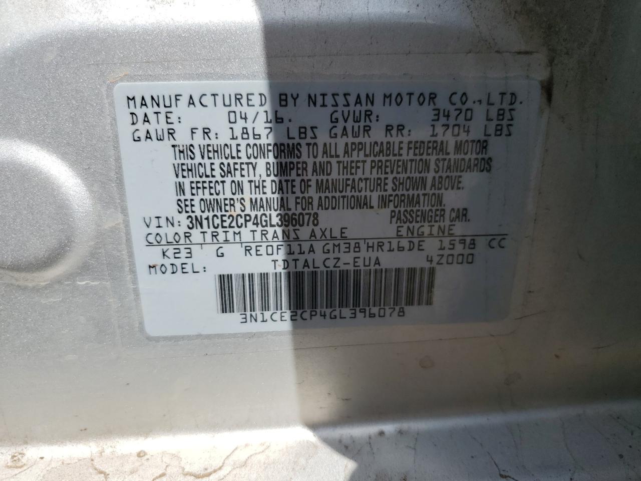 3N1CE2CP4GL396078 NISSAN VERSA 2016