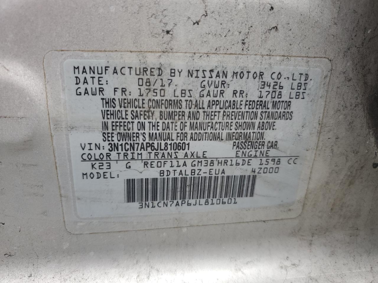 3N1CN7AP6JL810601 NISSAN VERSA 2018