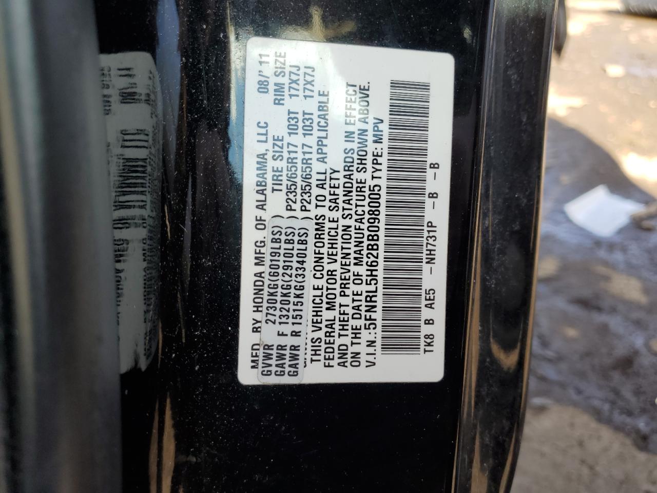 2011 Honda Odyssey Exl VIN: 5FNRL5H62BB098005 Lot: 46701425