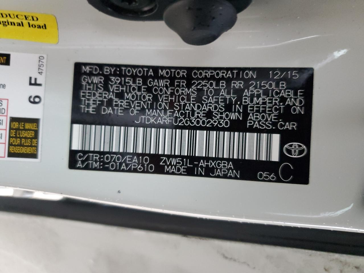 JTDKARFU2G3002930 TOYOTA PRIUS 2016