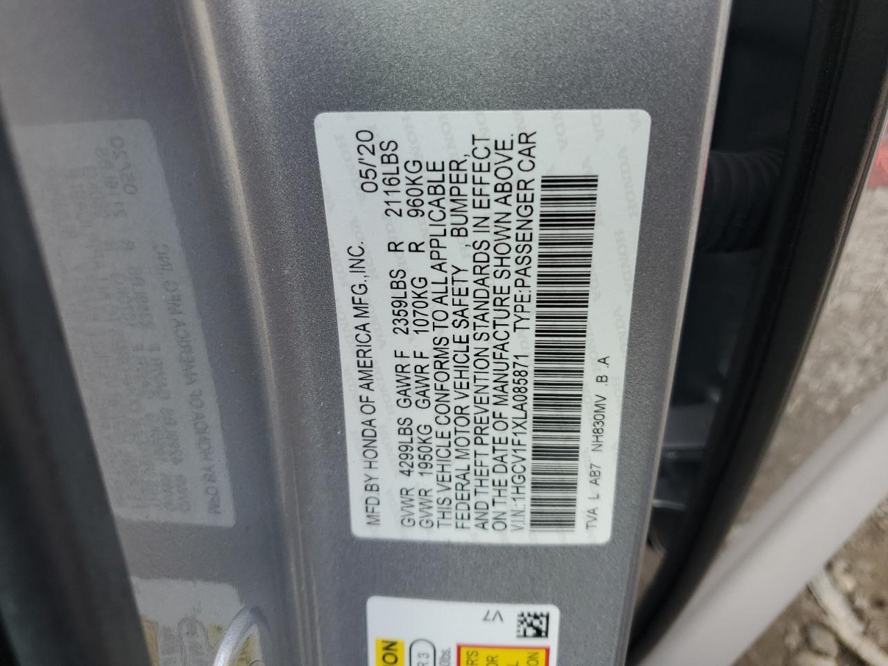 1HGCV1F1XLA085871 HONDA ACCORD 2020