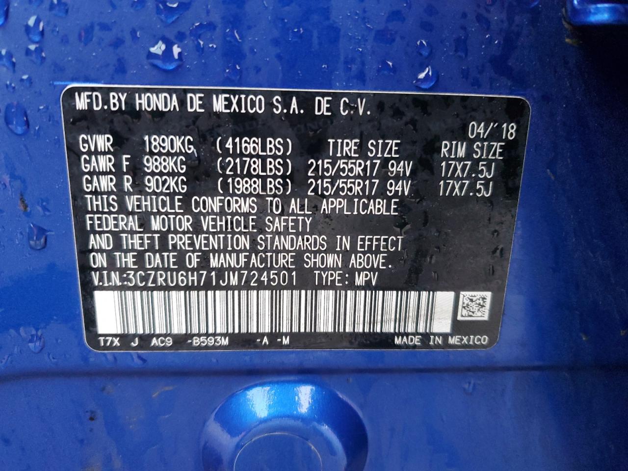3CZRU6H71JM724501 HONDA HR-V 2018