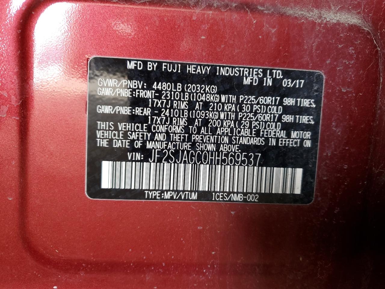 2017 Subaru Forester 2.5I Premium VIN: JF2SJAGC0HH569537 Lot: 45870925