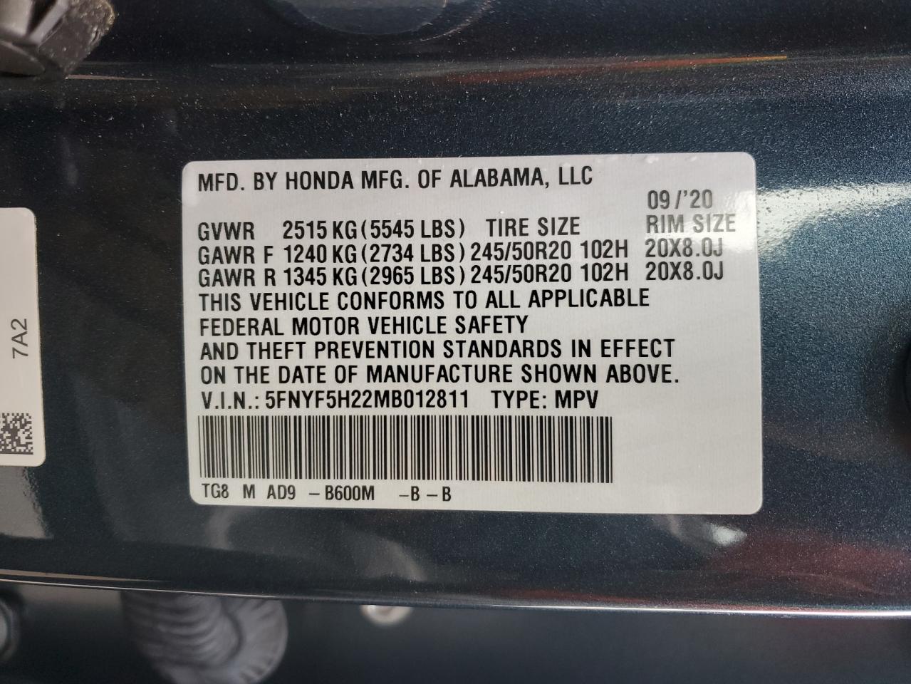 5FNYF5H22MB012811 HONDA PILOT 2021