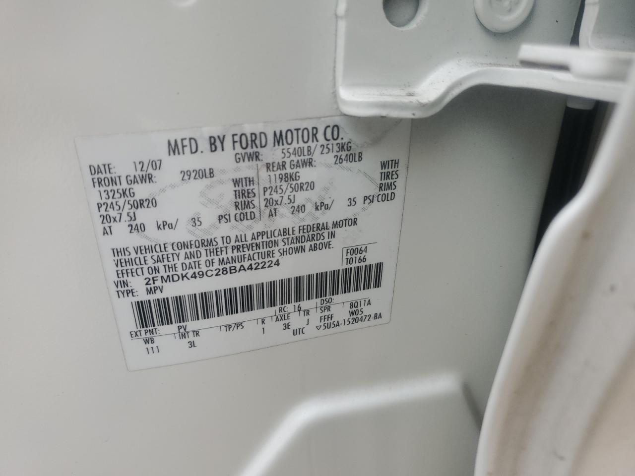 2008 Ford Edge Limited VIN: 2FMDK49C28BA42224 Lot: 44114195