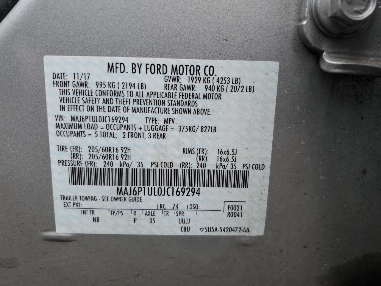 MAJ6P1UL0JC169294 FORD ECOSPORT 2018
