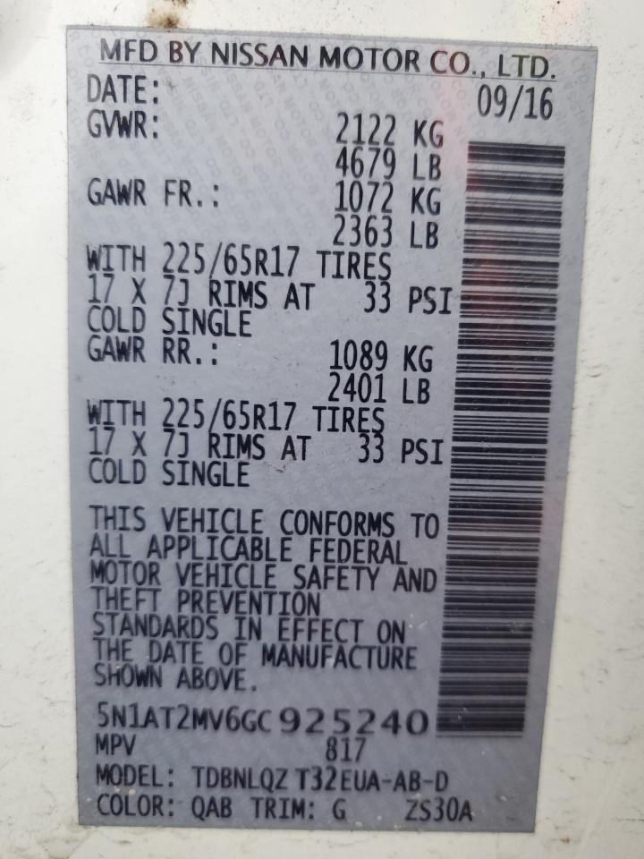 5N1AT2MV6GC925240 NISSAN ROGUE 2016
