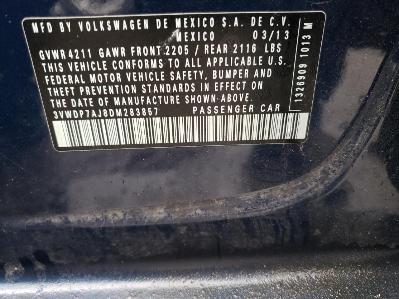 2013 Volkswagen Jetta Se VIN: 3VWDP7AJ8DM283857 Lot: 45058785