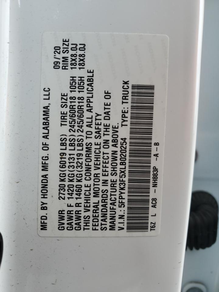 5FPYK3F5XLB020254 HONDA RIDGELINE 2020