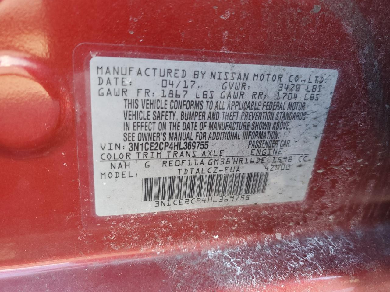 3N1CE2CP4HL369755 NISSAN VERSA 2017