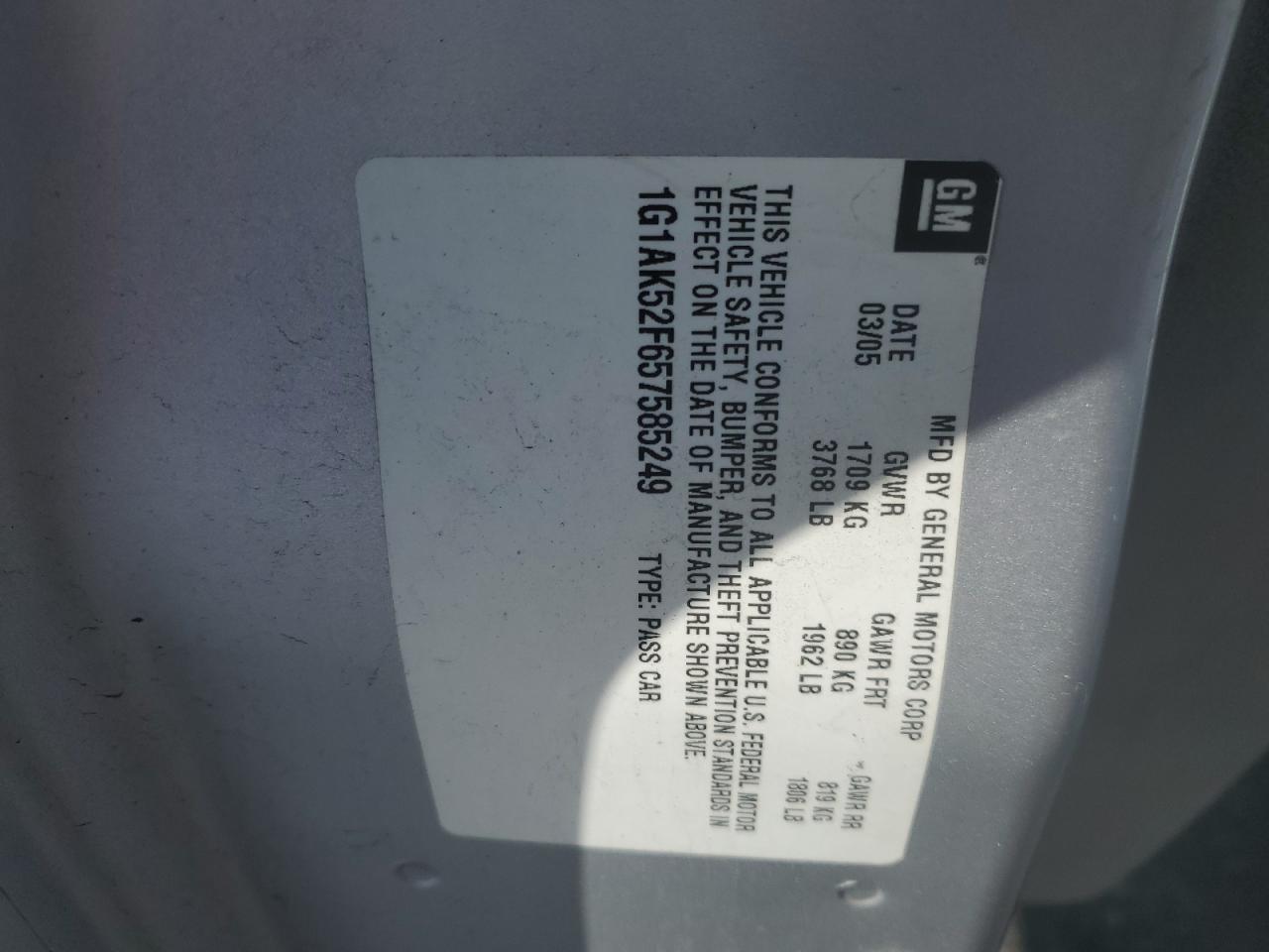 2005 Chevrolet Cobalt VIN: 1GA1K52F657585249 Lot: 46060675