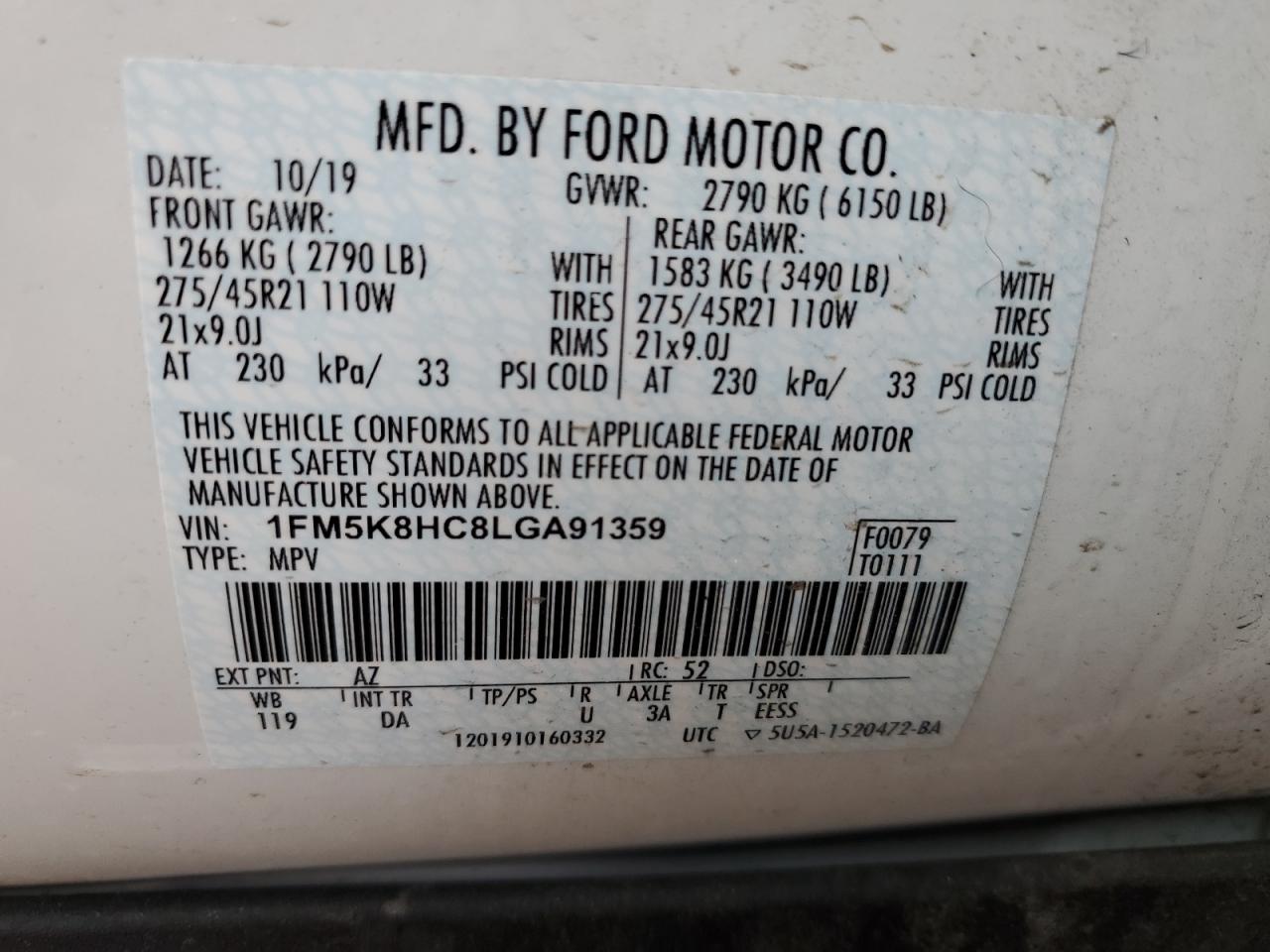 1FM5K8HC8LGA91359 FORD EXPLORER 2020